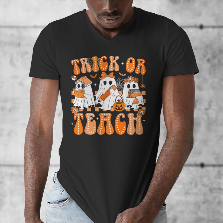 Groovy Teacher Halloween Trick Or Teach Ghost Men Women Kids Men's V-Neck T-Shirt, Groovy Teacher Gifts, funny design Groovy Teacher Halloween Trick Or Teach Ghost Men Women Kids Men's V-Neck T-Shirt, Groovy Teacher Gifts, funny design