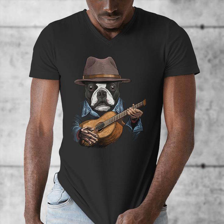 Guitar Shirt Boston Terrier Dog Playing Acoustic Guitar Men's V-Neck T-Shirt, funny design