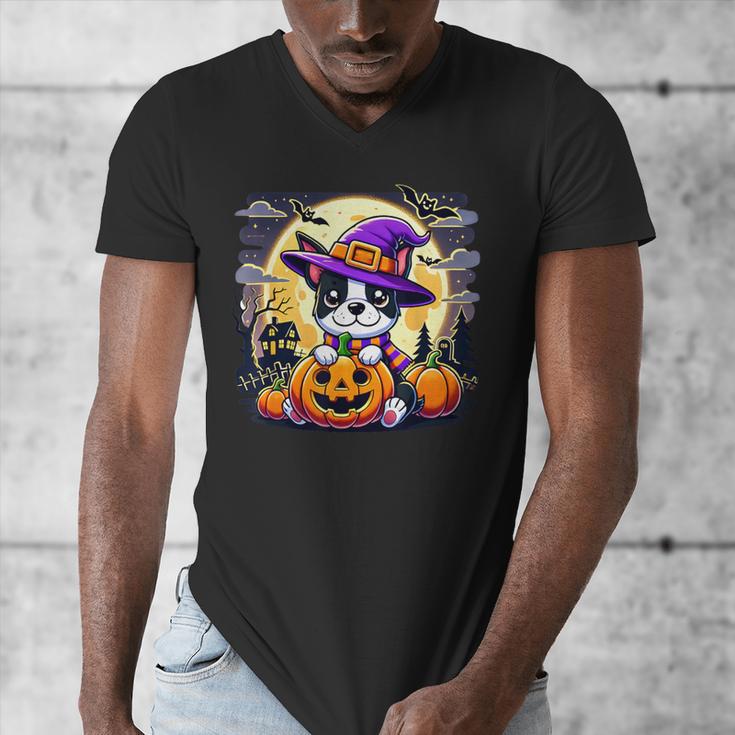 Halloween Boston Terrier Dog Breed With Jack O' Lantern Art Men's V-Neck T-Shirt, Boston Terrier Halloween Gifts, funny design