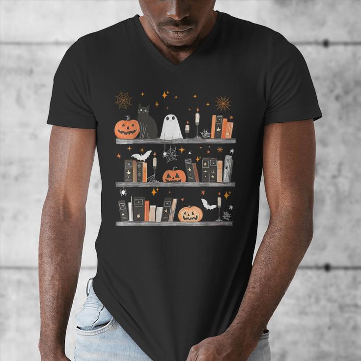 Halloween Library Ghost Books Teacher Spooky Trick Or Teach Men's V-Neck T-Shirt, funny design