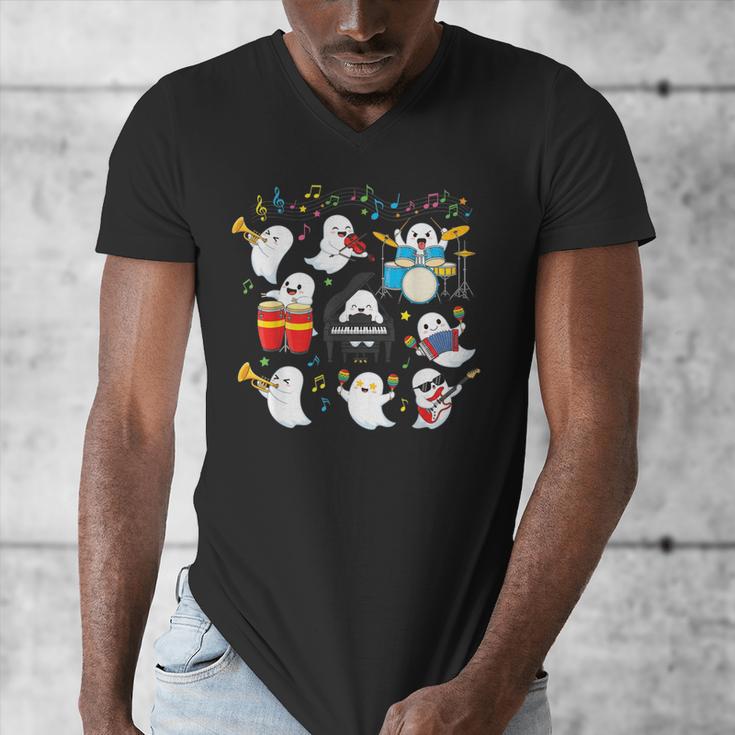 Halloween Music Teacher Ghost Playing Musical Instruments Men's V-Neck T-Shirt, funny design
