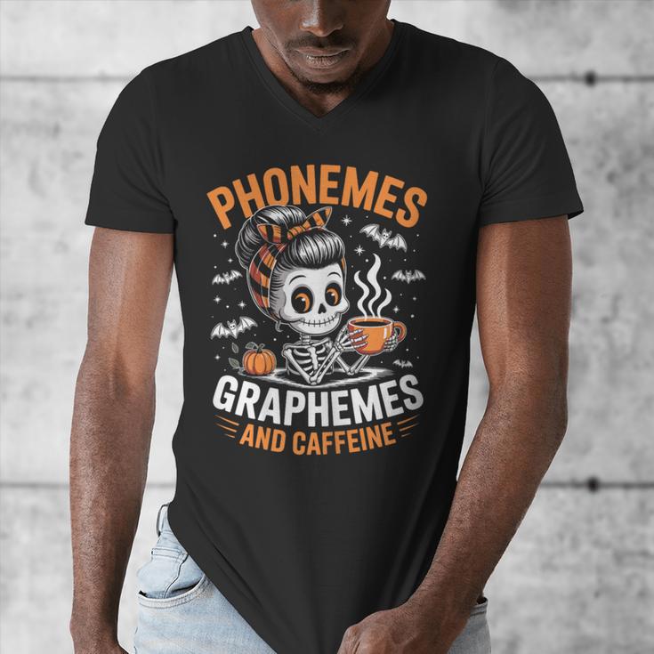 Halloween Skeleton Teacher Phonemes Graphemes Caffeine Lover Men's V-Neck T-Shirt, funny design Halloween Skeleton Teacher Phonemes Graphemes Caffeine Lover Men's V-Neck T-Shirt, funny design