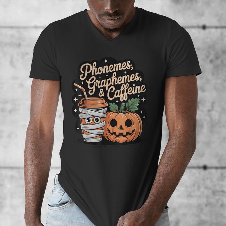 Halloween Teacher Phonemes Graphemes Caffeine Coffee Lover Men's V-Neck T-Shirt, funny design Halloween Teacher Phonemes Graphemes Caffeine Coffee Lover Men's V-Neck T-Shirt, funny design