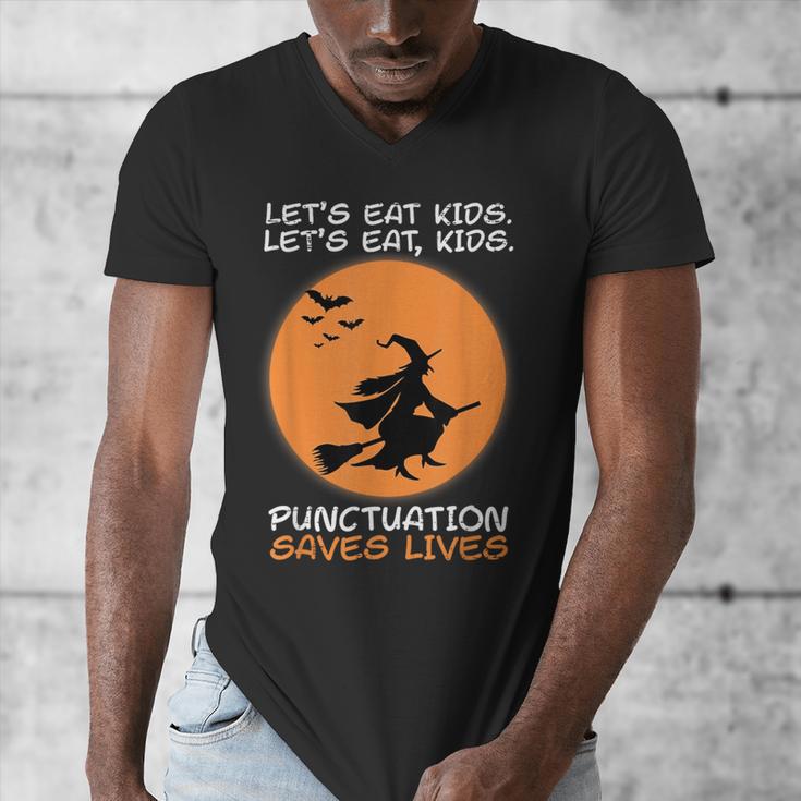 Halloween Teacher Witch Lets Eat Kids Punctuation Men's V-Neck T-Shirt, funny design