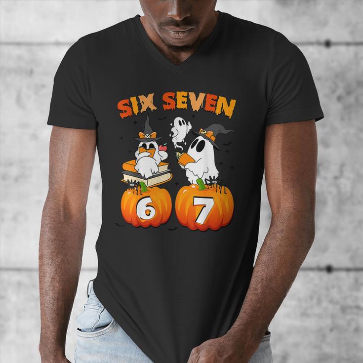 Haunted By 67 Boo Ghost Pumpkin Halloween Teacher Men's V-Neck T-Shirt, funny design