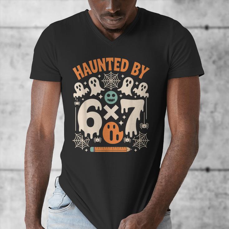 Haunted By 6x7 Math Teacher Halloween Pun Men's V-Neck T-Shirt, funny design