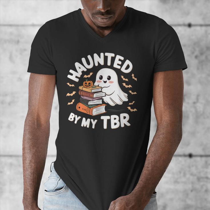 Haunted By My TBR Cute Ghost Book Reading Teacher Halloween Men's V-Neck T-Shirt, funny design