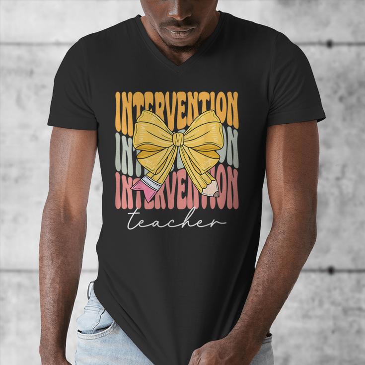Interventionist Teacher Groovy Coquette Bow Back To School Men's V-Neck T-Shirt, Groovy Teacher Gifts, funny design Interventionist Teacher Groovy Coquette Bow Back To School Men's V-Neck T-Shirt, Groovy Teacher Gifts, funny design
