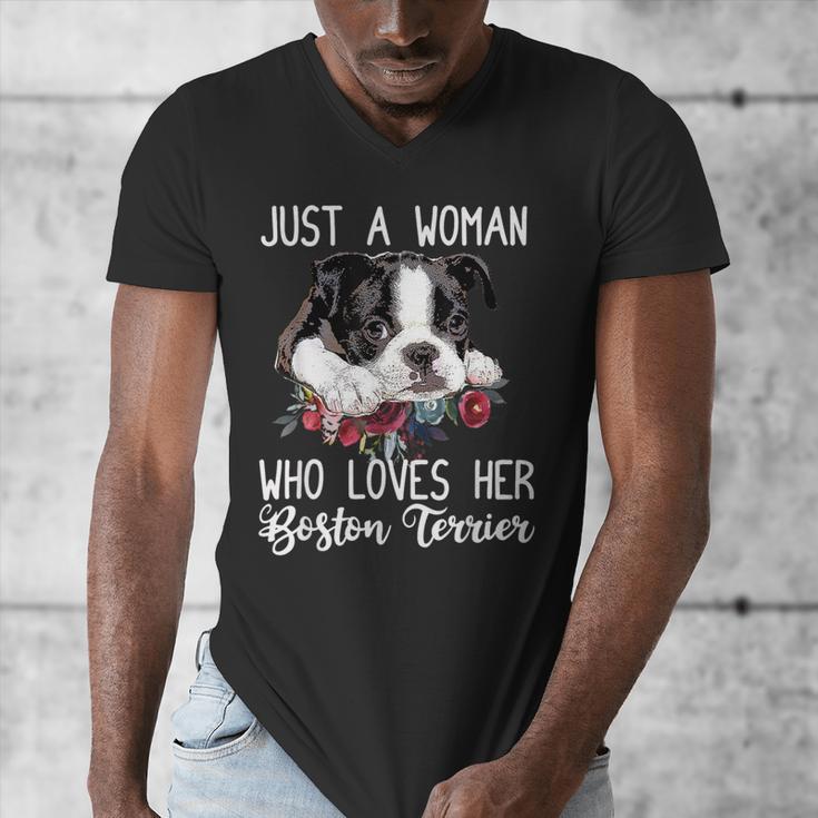 Just a Woman Who Loves Her Boston Terrier Cute Dog Mom Men's V-Neck T-Shirt, Couple Gifts, Mom Gifts, Boston Terrier Mom Gifts, funny design