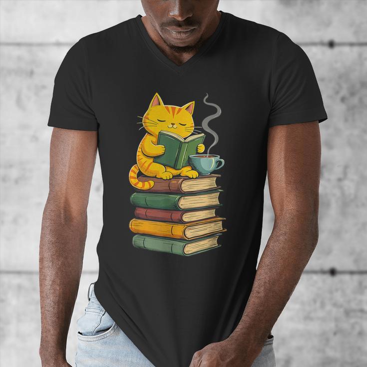 Kawaii Cats Lover Coffee Books Teacher Librarian Cat Men's V-Neck T-Shirt, funny design