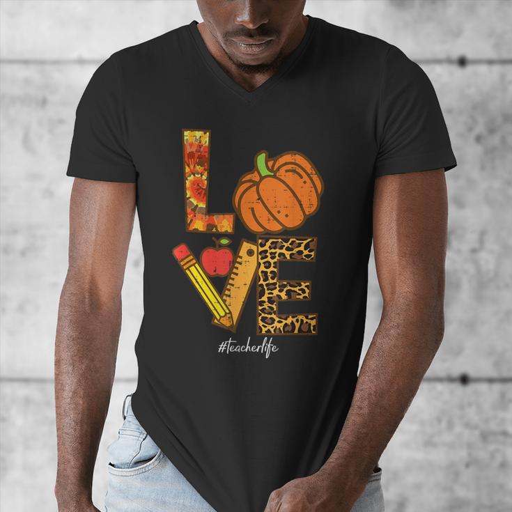 Leopard Pumpkin Love Teacher Life Thanksgiving Fall Women Men's V-Neck T-Shirt, funny design