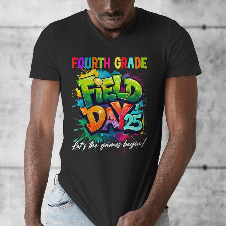 Let The Games Begin Fourth Grade Field Day 2025 Teacher Kid Men's V-Neck T-Shirt, funny design