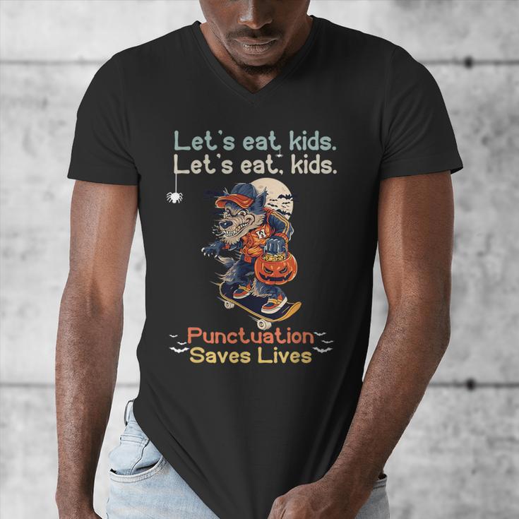 Let's Eat Kids Grammar Werewolf Halloween Teacher Men's V-Neck T-Shirt, funny design