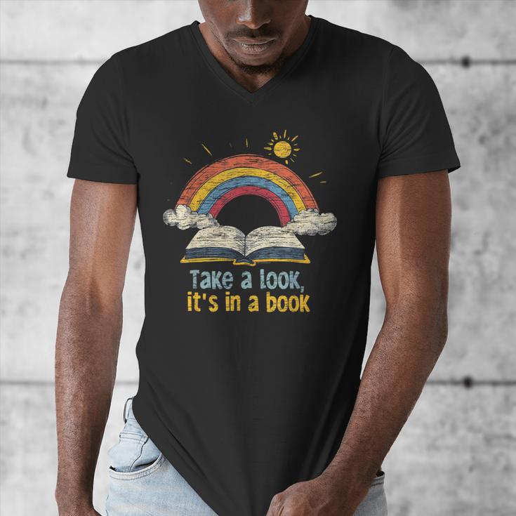 Take a Look It's In a Book Vintage Reading Teacher Rainbow Men's V-Neck T-Shirt, funny design Take a Look It's In a Book Vintage Reading Teacher Rainbow Men's V-Neck T-Shirt, funny design