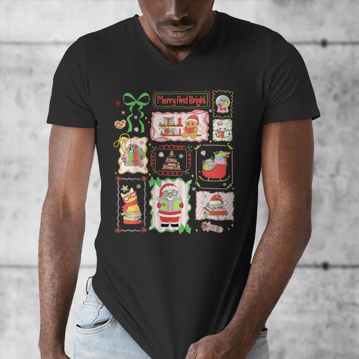 Merry And Bright Christmas Gingerbread Santa Book Teacher Men's V-Neck T-Shirt, funny design