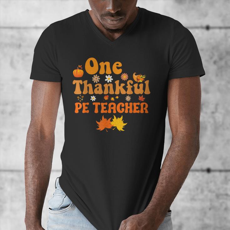 One Thankful PE Teacher Thanksgiving Fall Autumn Groovy Men's V-Neck T-Shirt, Pe Teacher Gifts, Groovy Teacher Gifts, funny design