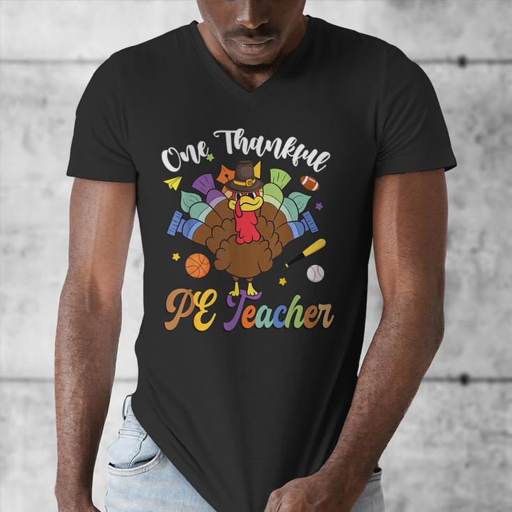 One Thankful PE Teacher Turkey Thanksgiving -Adults & Kids Classic Fit Polyester 100 Short Sleeve Men's V-Neck T-Shirt, Pe Teacher Gifts, funny design