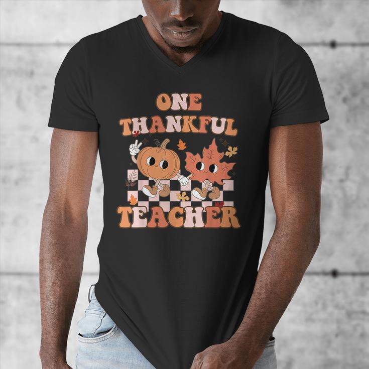 One Thankful Teacher Fall Leaves Thanksgiving Retro Men's V-Neck T-Shirt, funny design One Thankful Teacher Fall Leaves Thanksgiving Retro Men's V-Neck T-Shirt, funny design