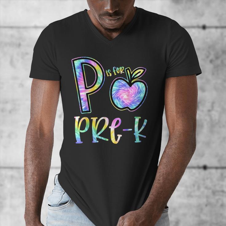 P Is For Pre-K Preschool Teacher Tie Dye Back To School Men's V-Neck T-Shirt, funny design