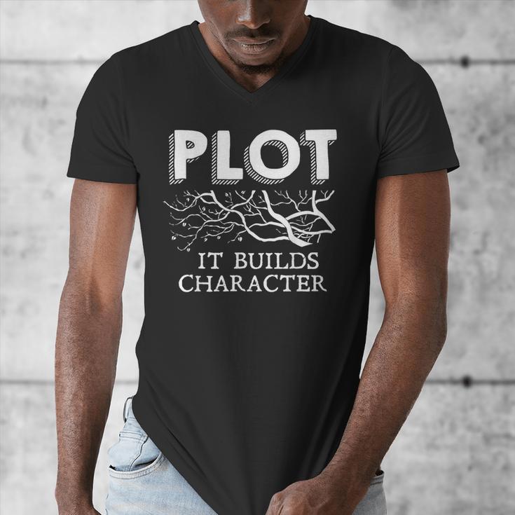 Plot It Builds Character Book Reading Teacher Men's V-Neck T-Shirt, funny design Plot It Builds Character Book Reading Teacher Men's V-Neck T-Shirt, funny design