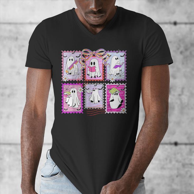 Preppy Spooky Teacher Halloween Ghost Coquette Bow Autumn Men's V-Neck T-Shirt, funny design