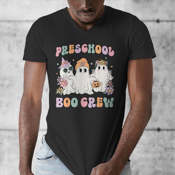 Preschool Boo Crew Groovy Halloween Floral Ghost Teacher Men Women Kids Men's V-Neck T-Shirt, Groovy Teacher Gifts, funny design
