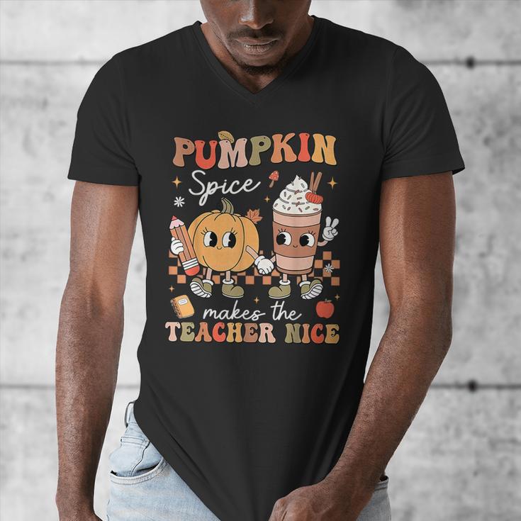 Pumpkin Spice Makes Teacher Nice Retro Fall Spooky Season Men's V-Neck T-Shirt, funny design