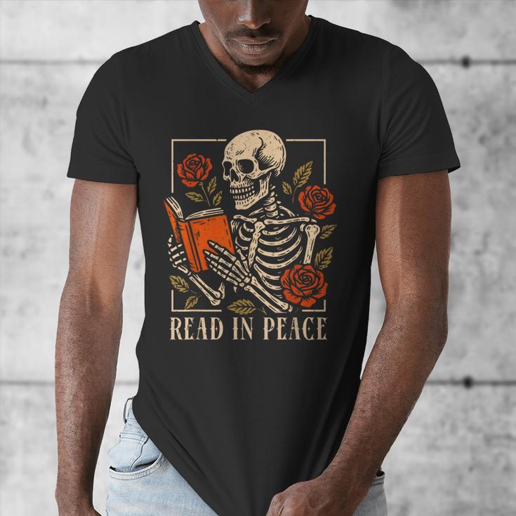 Read In Peace Skeleton Reading Book Halloween Teacher Men's V-Neck T-Shirt, funny design
