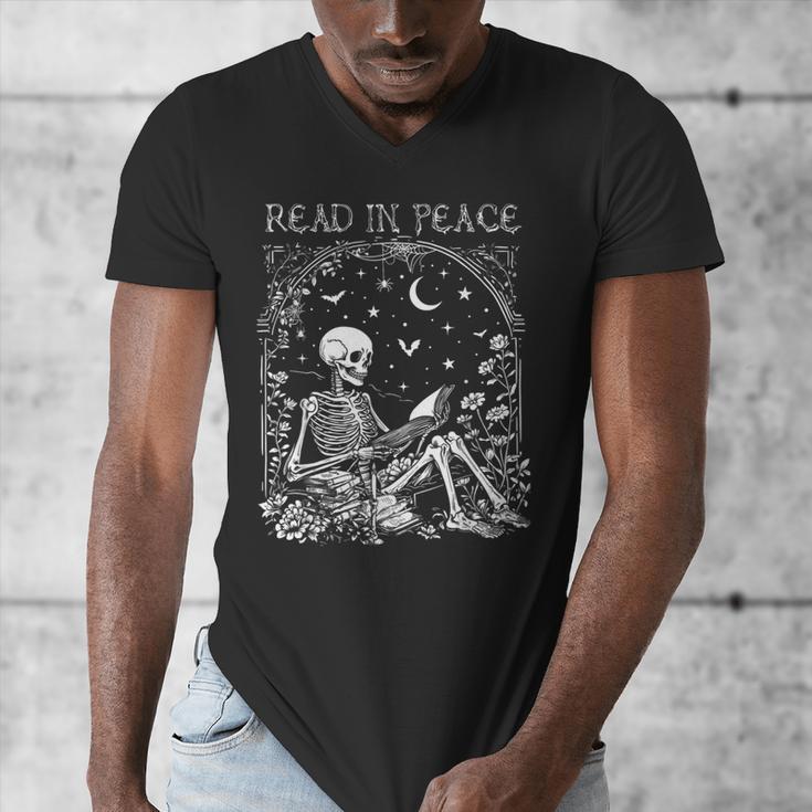 Read In Peace Skeleton Reading Teacher Spooky Halloween Men's V-Neck T-Shirt, funny design