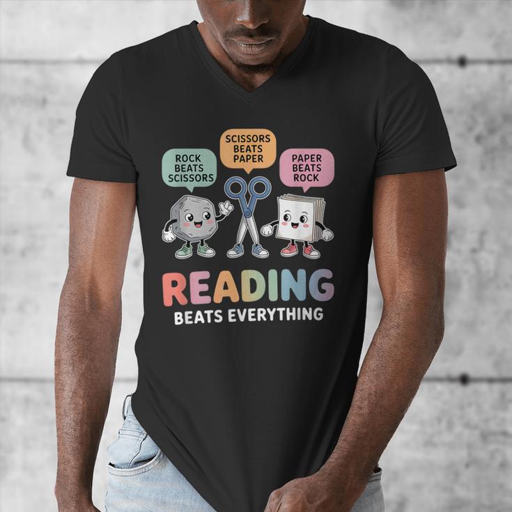 Reading Beats Everything Teacher Rock Paper Scissors Men's V-Neck T-Shirt, funny design Reading Beats Everything Teacher Rock Paper Scissors Men's V-Neck T-Shirt, funny design