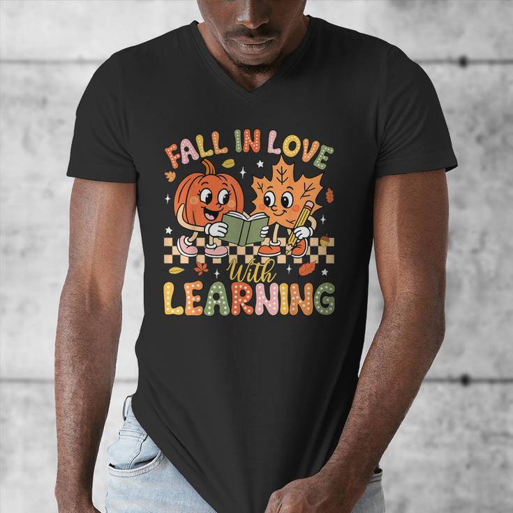 Retro Fall In Love With Learning Autumn Pumpkin Teacher Kids Men's V-Neck T-Shirt, funny design