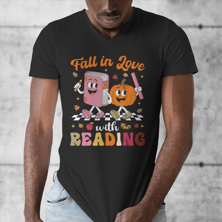 Retro Fall In Love With Learning Pumpkin Autumn Teacher Men's V-Neck T-Shirt, funny design Retro Fall In Love With Learning Pumpkin Autumn Teacher Men's V-Neck T-Shirt, funny design