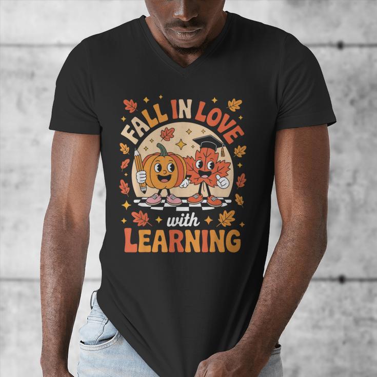 Retro Fall In Love With Learning Pumpkin Leaf Teacher Autumn Men's V-Neck T-Shirt, funny design Retro Fall In Love With Learning Pumpkin Leaf Teacher Autumn Men's V-Neck T-Shirt, funny design