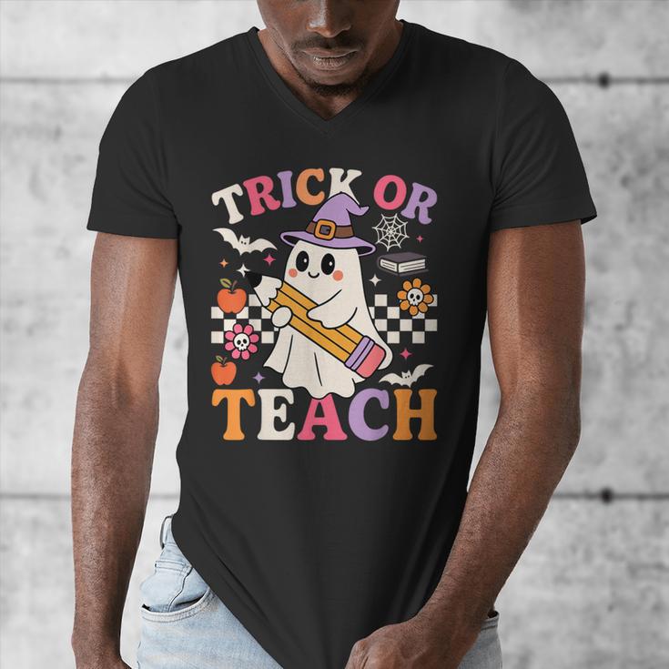 Retro Floral Ghost Trick Or Teach Groovy Teacher Halloween Men's V-Neck T-Shirt, Groovy Teacher Gifts, funny design