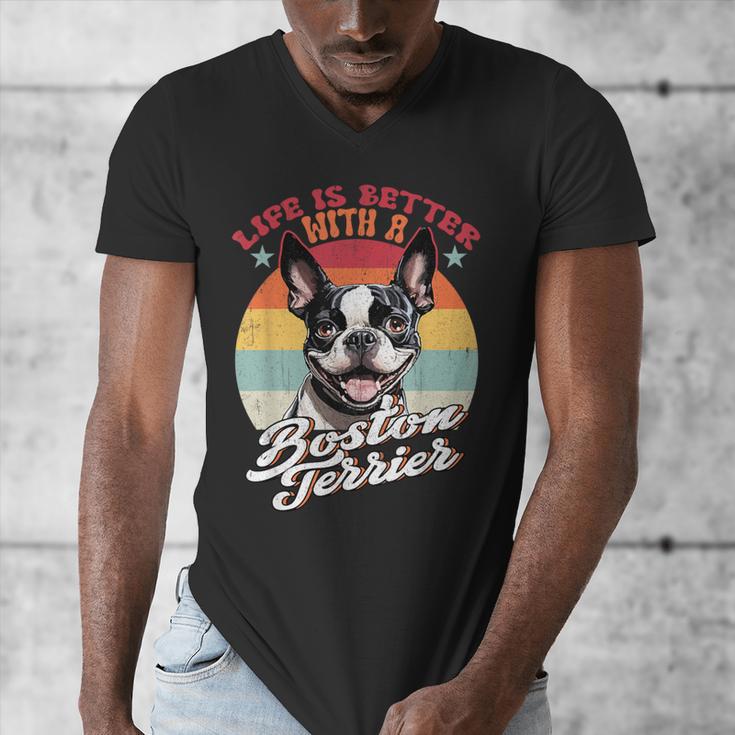 Retro Life Is Better With Boston Terrier Mom Dog Lover Men's V-Neck T-Shirt, Couple Gifts, Mom Gifts, Boston Terrier Mom Gifts, funny design