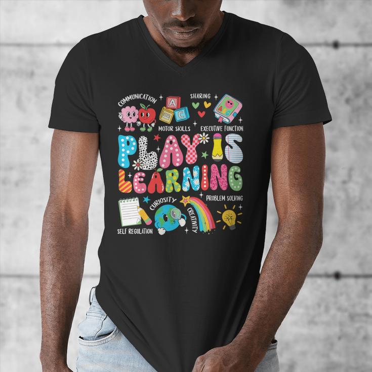Retro Play Is Learning Kindergarten Teacher Team Women Men's V-Neck T-Shirt, funny design Retro Play Is Learning Kindergarten Teacher Team Women Men's V-Neck T-Shirt, funny design