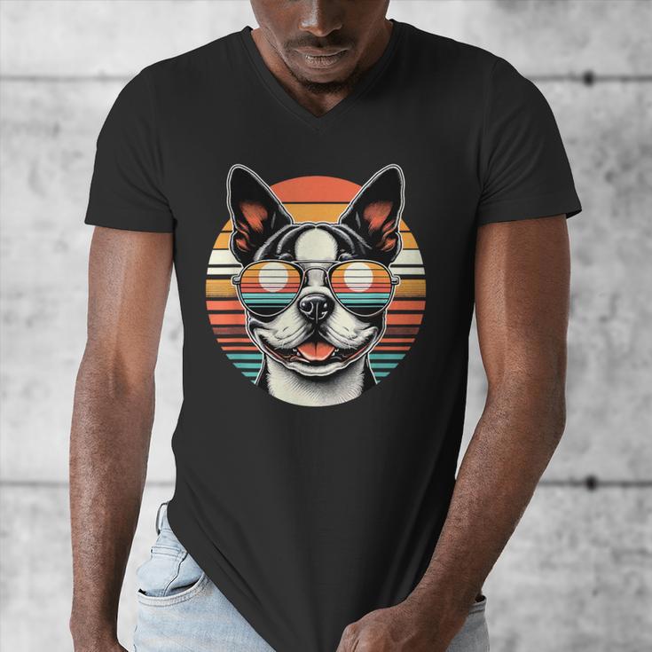 Retro Sunset Sunglasses Boston Terrier Boston Bull Bostie Men's V-Neck T-Shirt, funny design