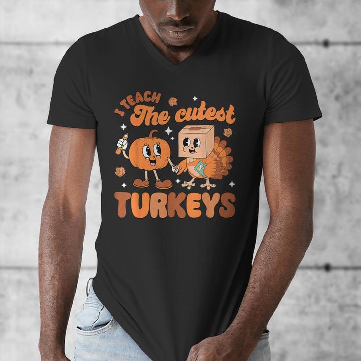 Retro I Teach The Cutest Turkey Thanksgiving Pumpkin Teacher Men's V-Neck T-Shirt, funny design