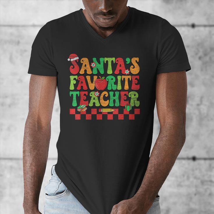 Santas Favorite Teacher Retro Groovy Christmas Xmas Women Men's V-Neck T-Shirt, Groovy Teacher Gifts, funny design Santas Favorite Teacher Retro Groovy Christmas Xmas Women Men's V-Neck T-Shirt, Groovy Teacher Gifts, funny design