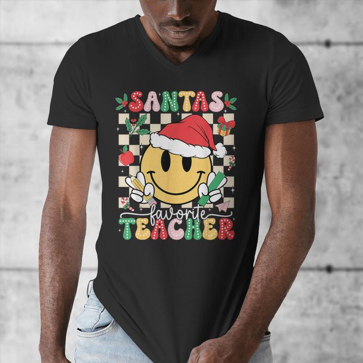 Santas Favorite Teacher Retro Groovy Smile Face Christmas Men's V-Neck T-Shirt, Groovy Teacher Gifts, funny design