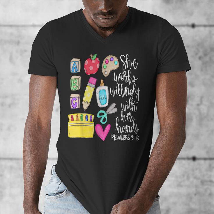 She Works Willingly With Her Hands Proverbs Daycare Teacher Men Women Men's V-Neck T-Shirt, funny design She Works Willingly With Her Hands Proverbs Daycare Teacher Men Women Men's V-Neck T-Shirt, funny design