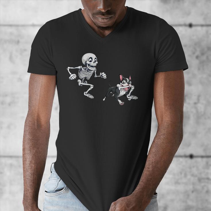 Skeleton Chasing Dog Boston Terrier Halloween Pet Lover Men's V-Neck T-Shirt, Boston Terrier Halloween Gifts, funny design
