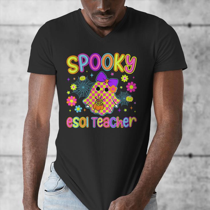 Spooky ESOL Teacher Halloween ESOL Teaching Coquette Men's V-Neck T-Shirt, funny design