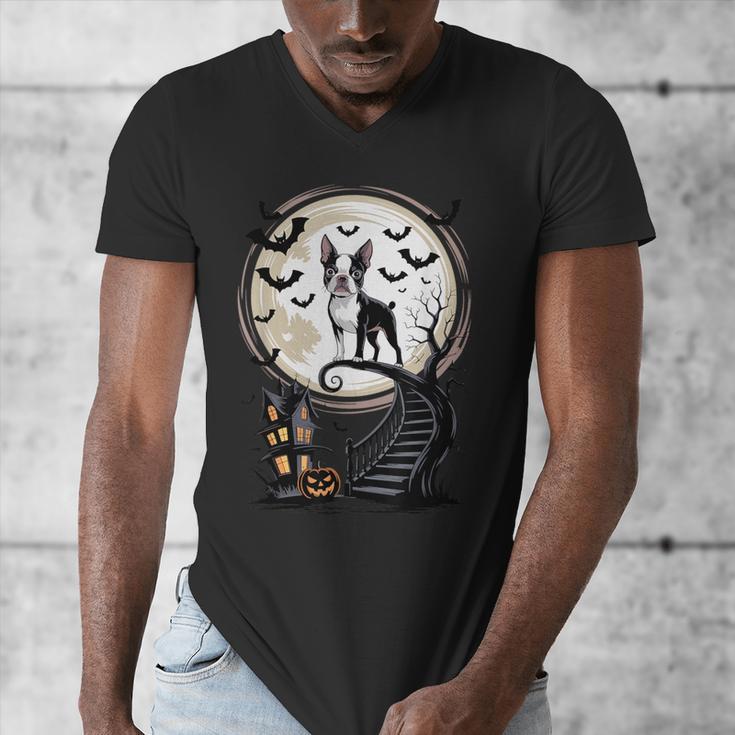 Spooky Halloween Moon Boston Terrier Boston Bull Bostie Men's V-Neck T-Shirt, Boston Terrier Halloween Gifts, funny design