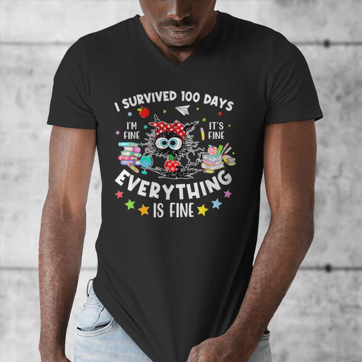 I Survived 100 Days Of School Teacher Kids Cat Lover Men's V-Neck T-Shirt, funny design
