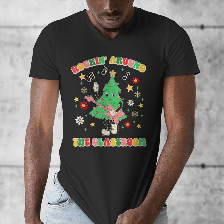Teacher Christmas Shirts Pajama Matching Rockin' Around The Classroom -Adult Short Sleeve Small Modern Festive Christmas Teacher Xmas Vibes T-Shirt Men's V-Neck T-Shirt, funny design