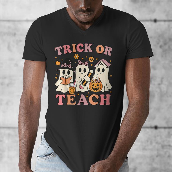 Teacher Halloween Trick Or Teach Cute Ghost Coffee Pumpkins Men's V-Neck T-Shirt, funny design