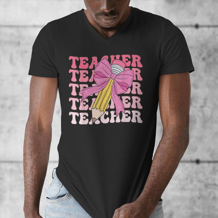Teacher Pencil Back To School Groovy Pink Teacher First Day Men's V-Neck T-Shirt, Groovy Teacher Gifts, funny design Teacher Pencil Back To School Groovy Pink Teacher First Day Men's V-Neck T-Shirt, Groovy Teacher Gifts, funny design