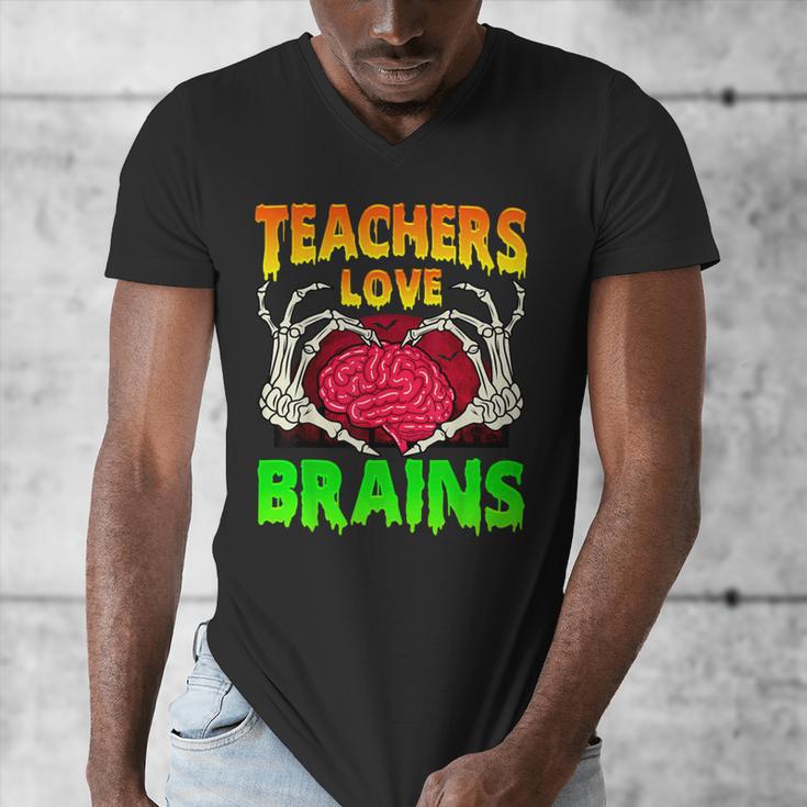 Teacher Teachers Love Brains Skeleton Hand Heart Halloween Men's V-Neck T-Shirt, funny design