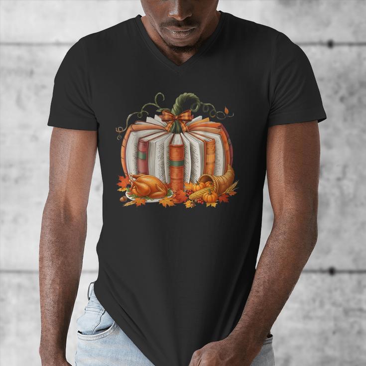 Thanksgiving Book Pumpkin Reading Teachers Fall Lovers Boys Men's V-Neck T-Shirt, funny design
